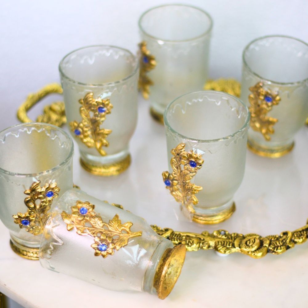 Metal Tray with Glass Set of 6 – Elegant Decorative TrayGlass Set